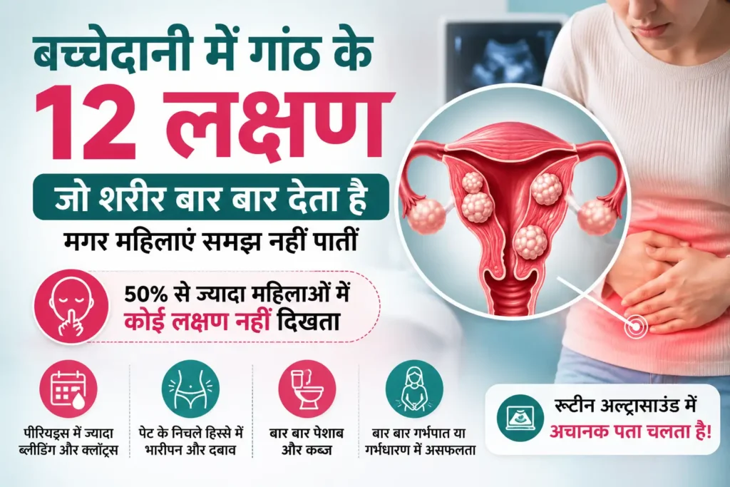 बच्चेदानी में गांठ के लक्षण तीन स्तरों में दिखाने वाला इन्फोग्राफिक जिसमें हरे रंग में शुरुआती संकेत, पीले में मध्यम और लाल में गंभीर लक्षण दर्शाए गए हैं