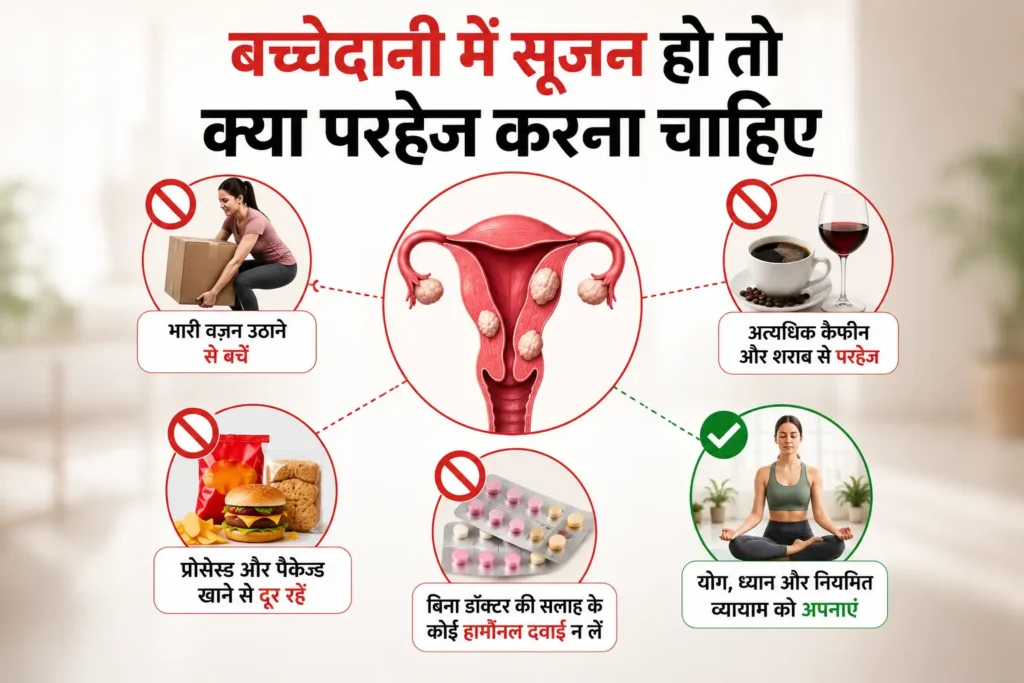 बच्चेदानी में सूजन हो तो क्या परहेज करना चाहिए

बच्चेदानी में गांठ या सूजन होने पर कुछ चीज़ों से सख्त परहेज़ ज़रूरी है

भारी वज़न उठाने से बचें, खासकर ऑपरेशन के बाद

अत्यधिक कैफीन और शराब पूरी तरह बंद करें

प्रोसेस्ड और पैकेज्ड खाने से दूर रहें

बिना डॉक्टर की सलाह के कोई हार्मोनल दवाई न लें

तनाव को कम करने के लिए योग, ध्यान और नियमित व्यायाम को दिनचर्या में शामिल करें