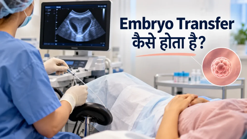 Embryo transfer procedure during IVF treatment under ultrasound guidance