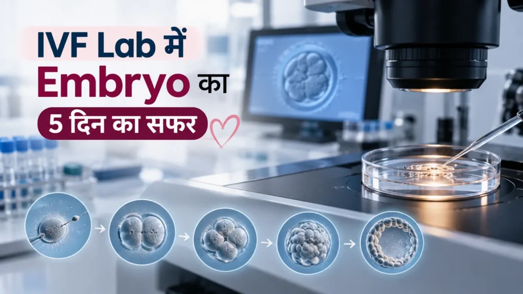 IVF lab showing embryo development from fertilization to blastocyst over five days
