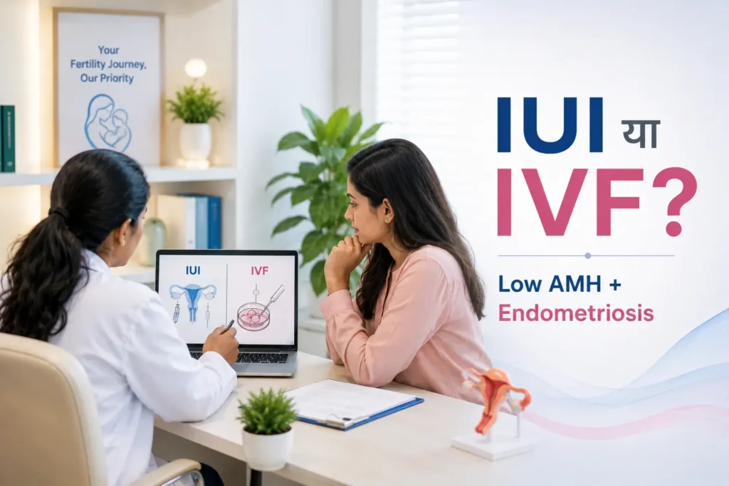 Low AMH और Endometriosis में IUI या IVF treatment के बारे में fertility specialist से सलाह लेती महिला